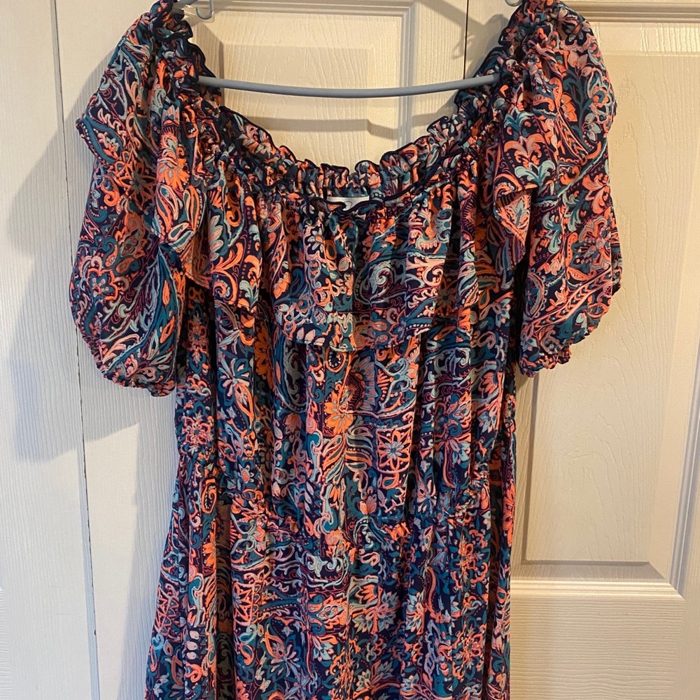 Women’s Plus Size 1X Boutique Floral Paisley Tiered Hem Off Shoulder Maxi Dress